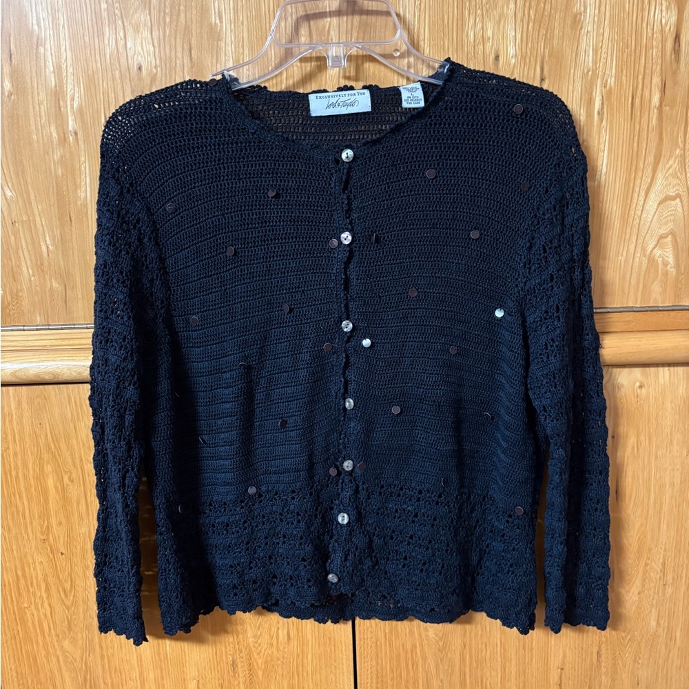 Lord & Taylor Black Women's Crochet Cardigan with Sequin and Button Details